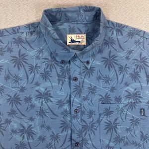 Huk Fishing Shirt Mens 2XL Blue Tropical Palm Tree Fish Print Performance Button